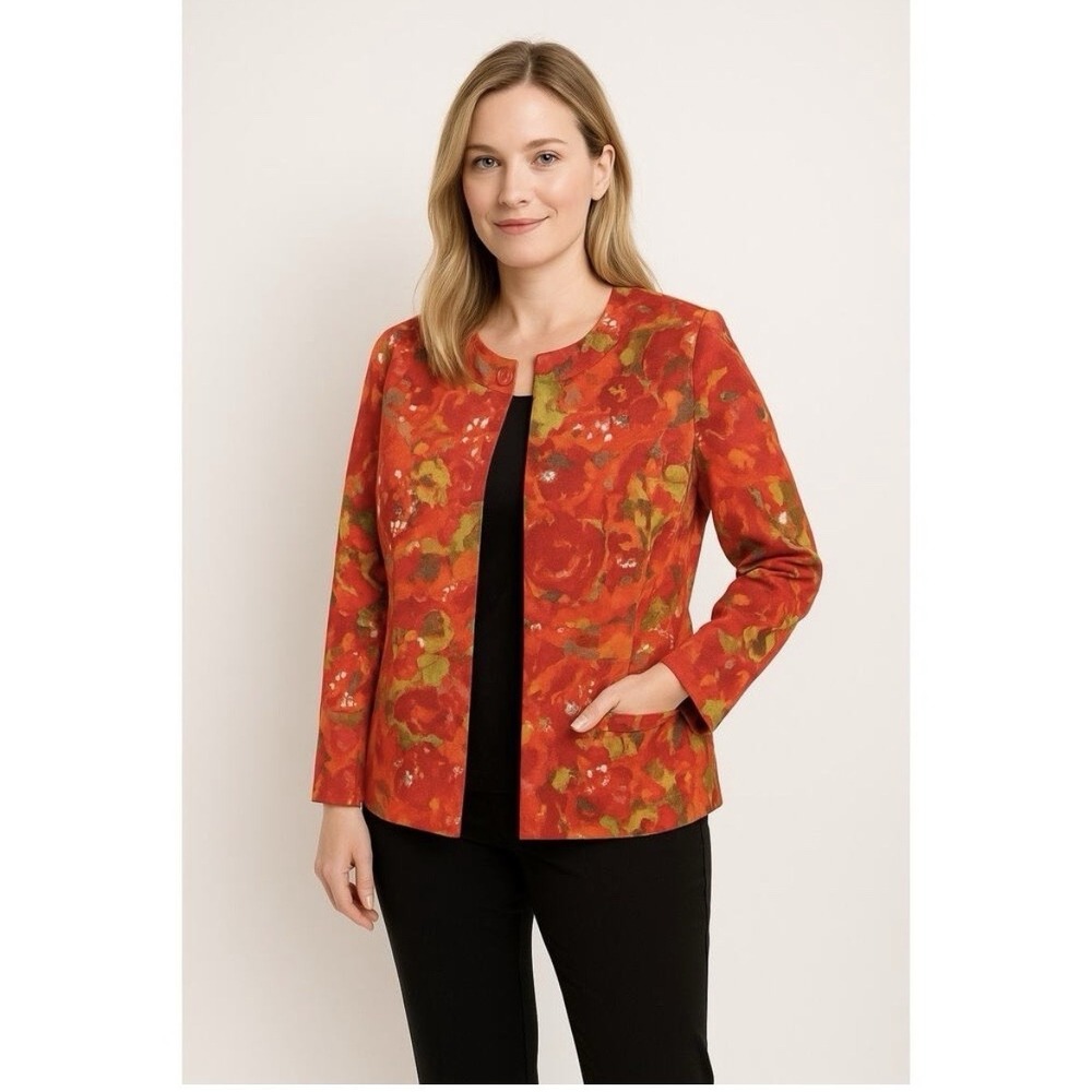 Chico's Womens Orange Red Watercolor Floral Button Jacket Size 3/XL Artsy Retro